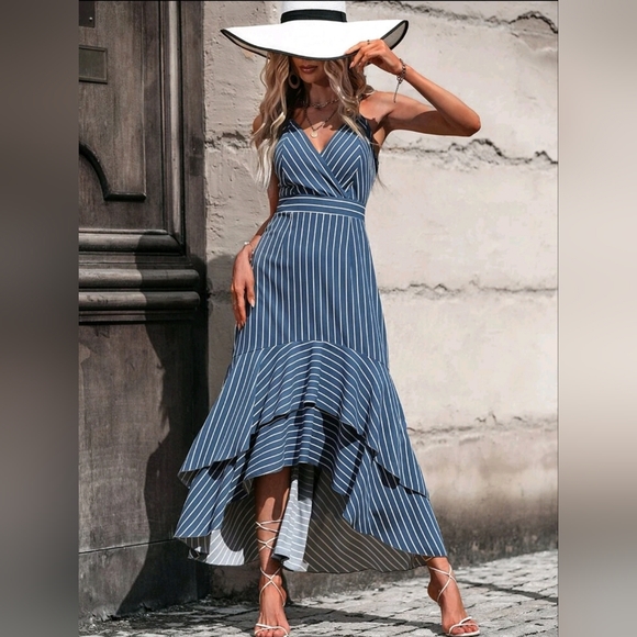 NEW Luxe Striped High Low Ruffle Cami Dress Blue White - Picture 2 of 8